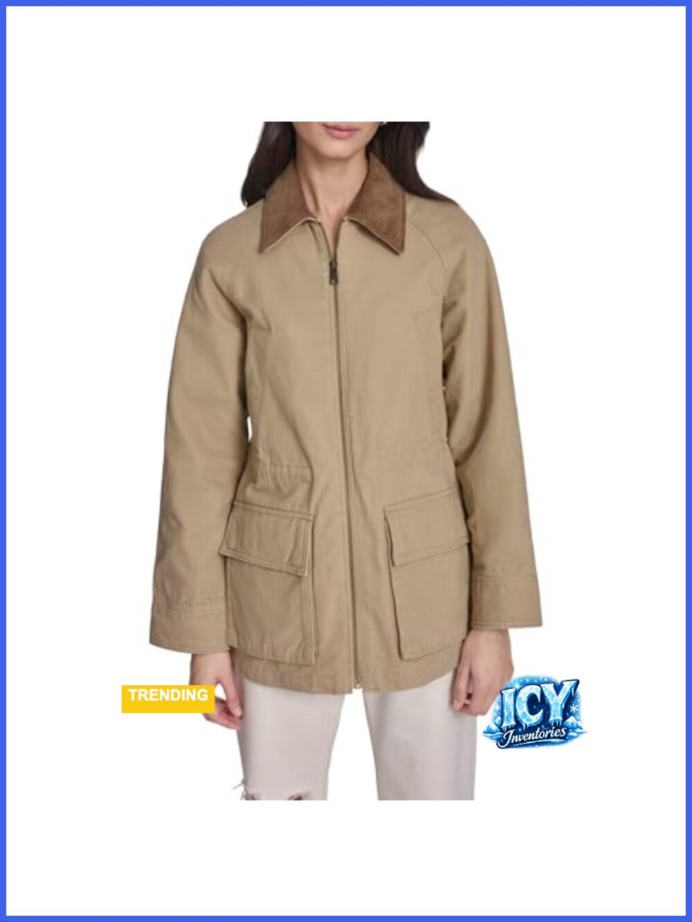 Women's Cotton Barn Jacket with Collar, Long Sleeve Zipper